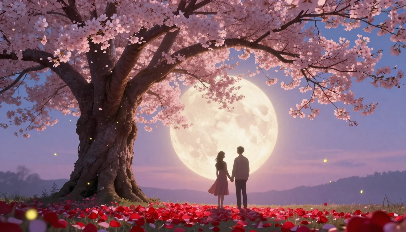 A dreamy and romantic scene featuring a large, ancient tree ...