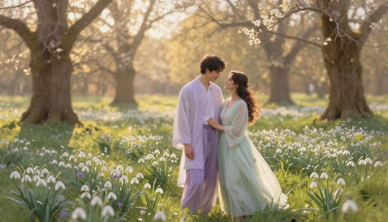A romantic couple standing in a lush, blooming meadow filled...