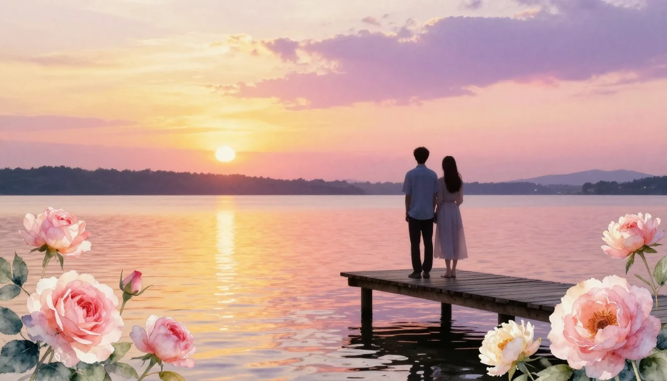 A dreamy and romantic scene featuring two soft silhouettes o...