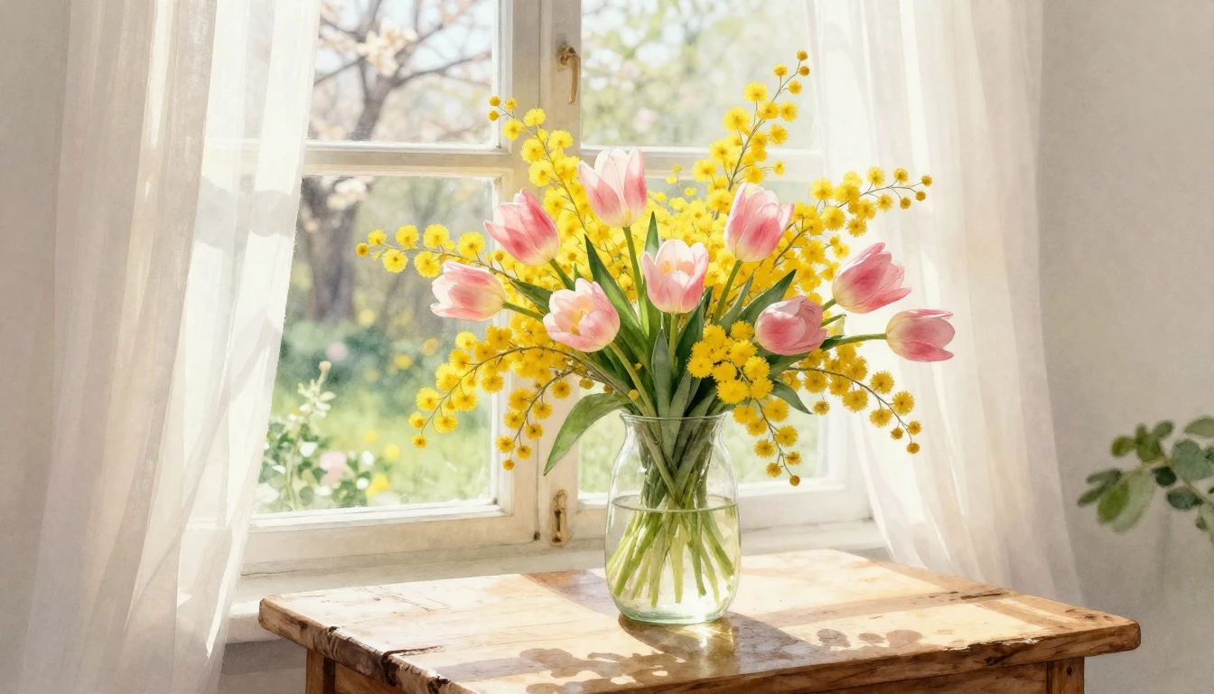 A delicate watercolor painting of a bright spring morning. A...