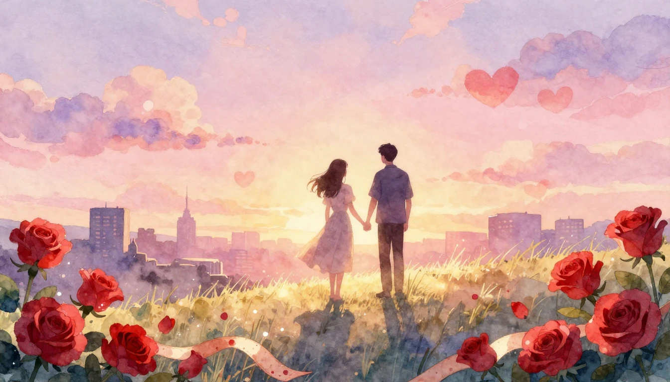 A romantic watercolor illustration depicting a couple's silh...