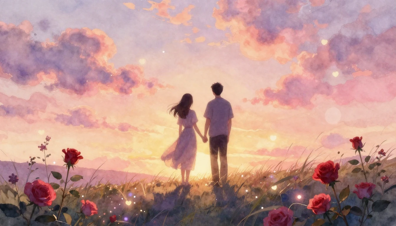 A romantic and dreamy watercolor painting depicting the silh...