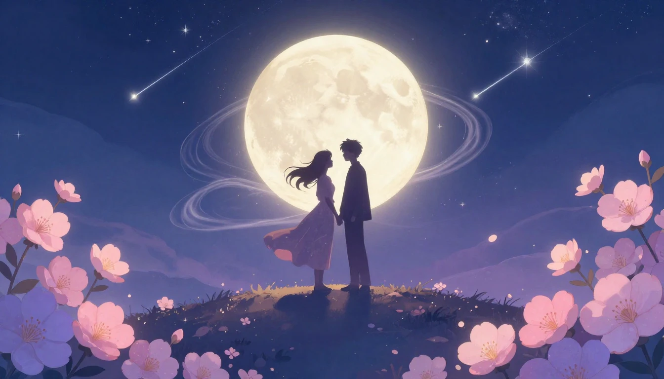A romantic and dreamy illustration featuring two silhouette ...