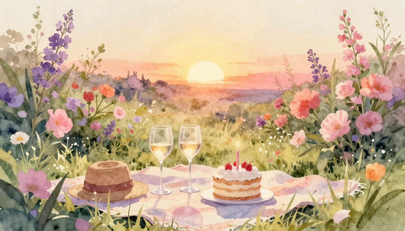 A beautiful watercolor painting of a romantic picnic at suns...