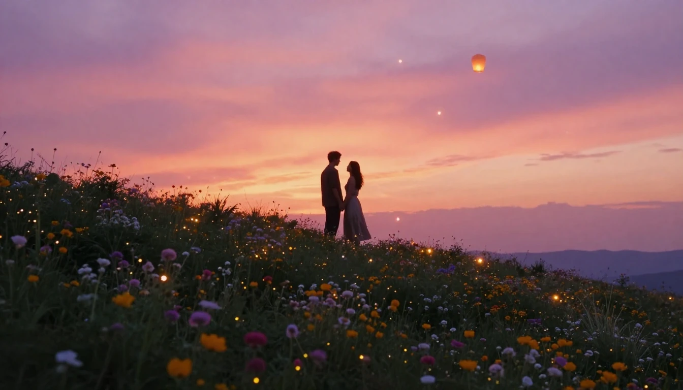 A romantic and dreamy scene featuring two silhouettes of a c...