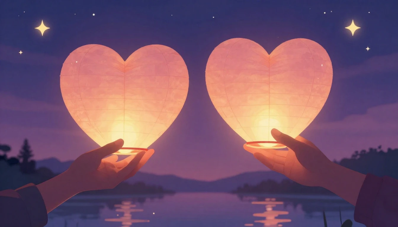 A warm and romantic illustration featuring two stylized, glo...