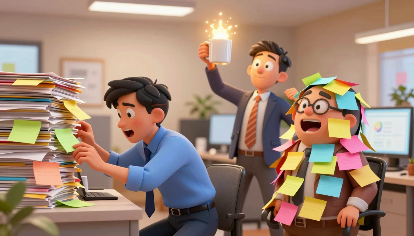 A humorous and chaotic office scene with stylized, expressiv...