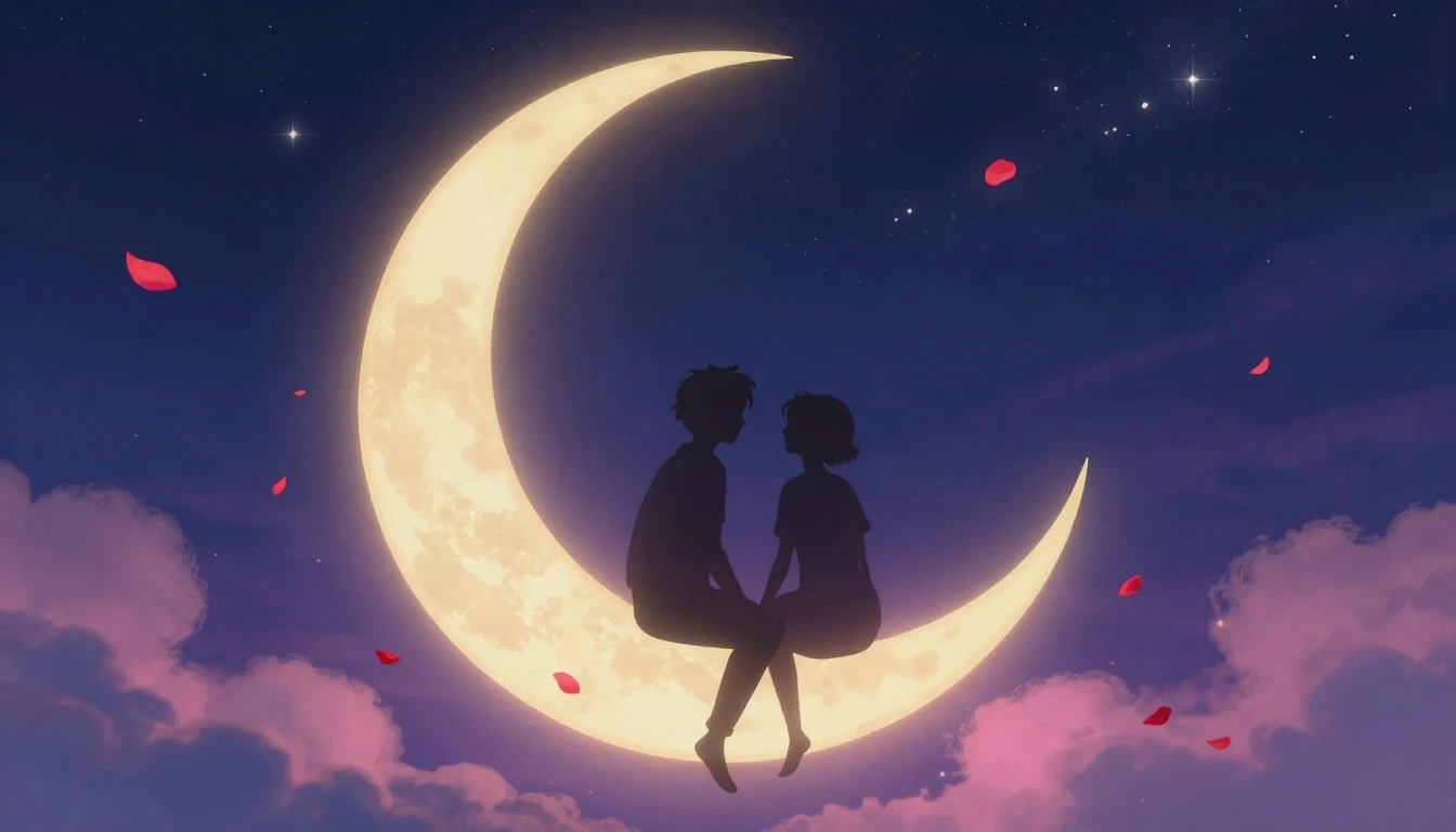 A romantic and dreamy illustration of two silhouetted figure...