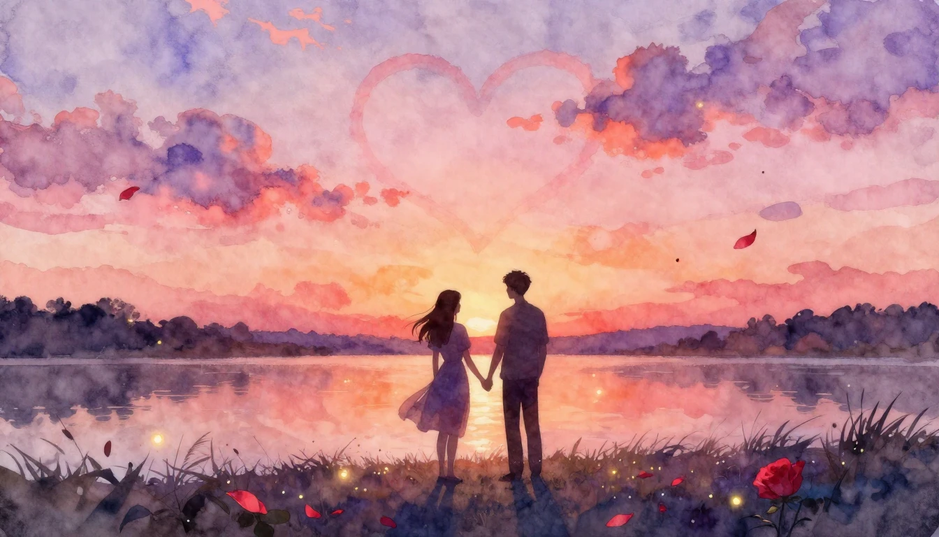 A romantic and dreamy watercolor painting featuring two silh...