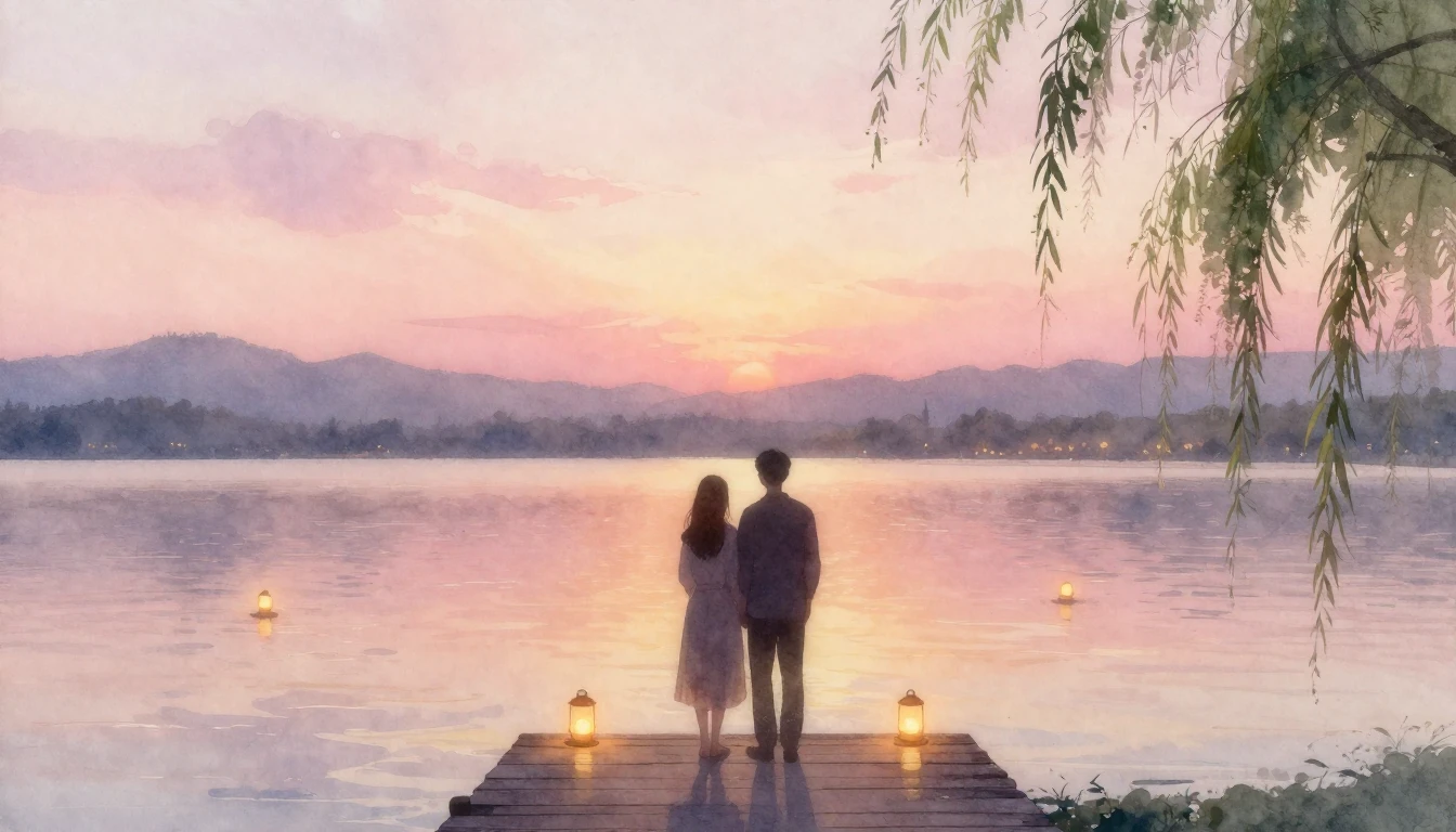 A soft and ethereal watercolor painting of two silhouettes s...