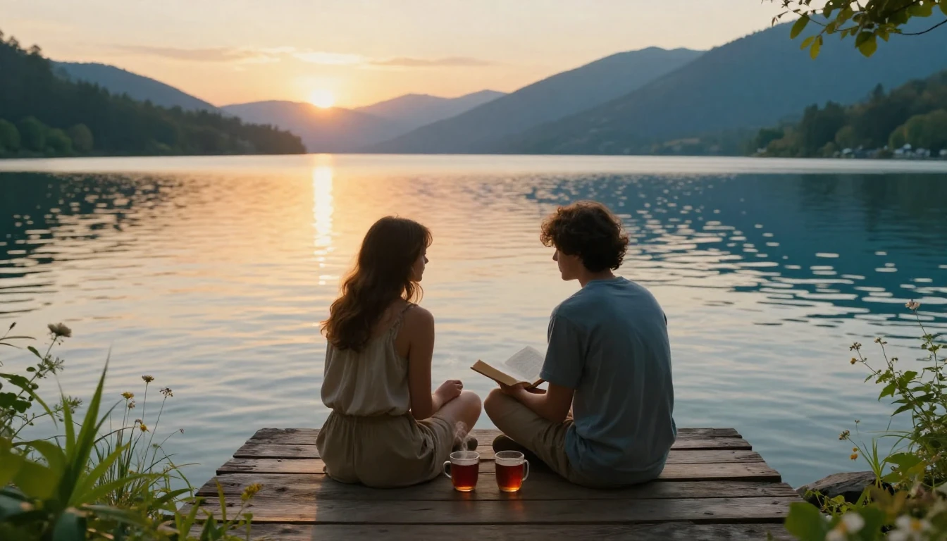 A warm and inviting scene depicting two friends sitting on a...