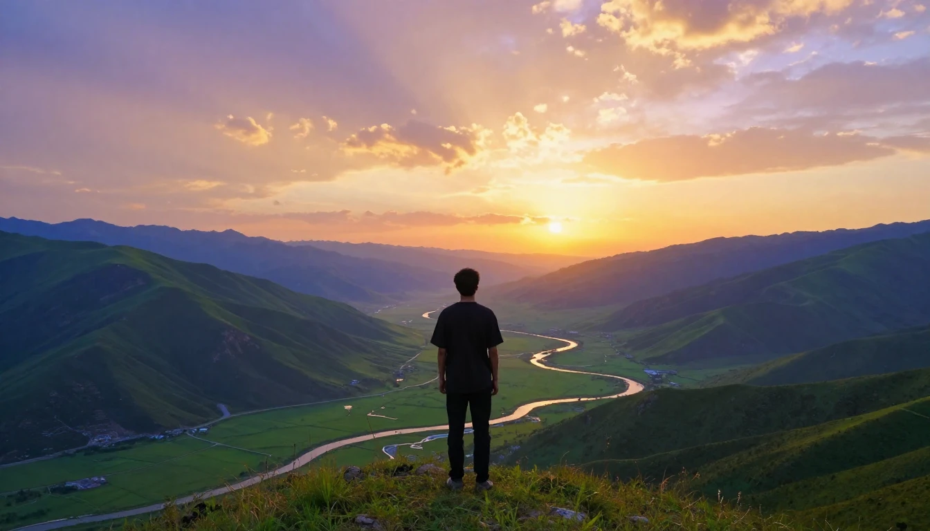 A breathtaking wide cinematic shot of a young man standing o...