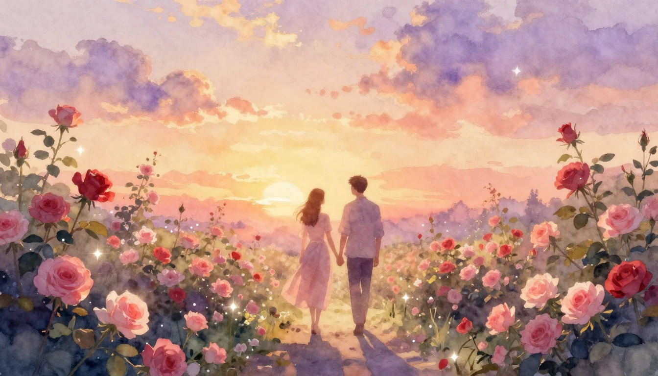 A dreamy and romantic watercolor painting depicting a peacef...