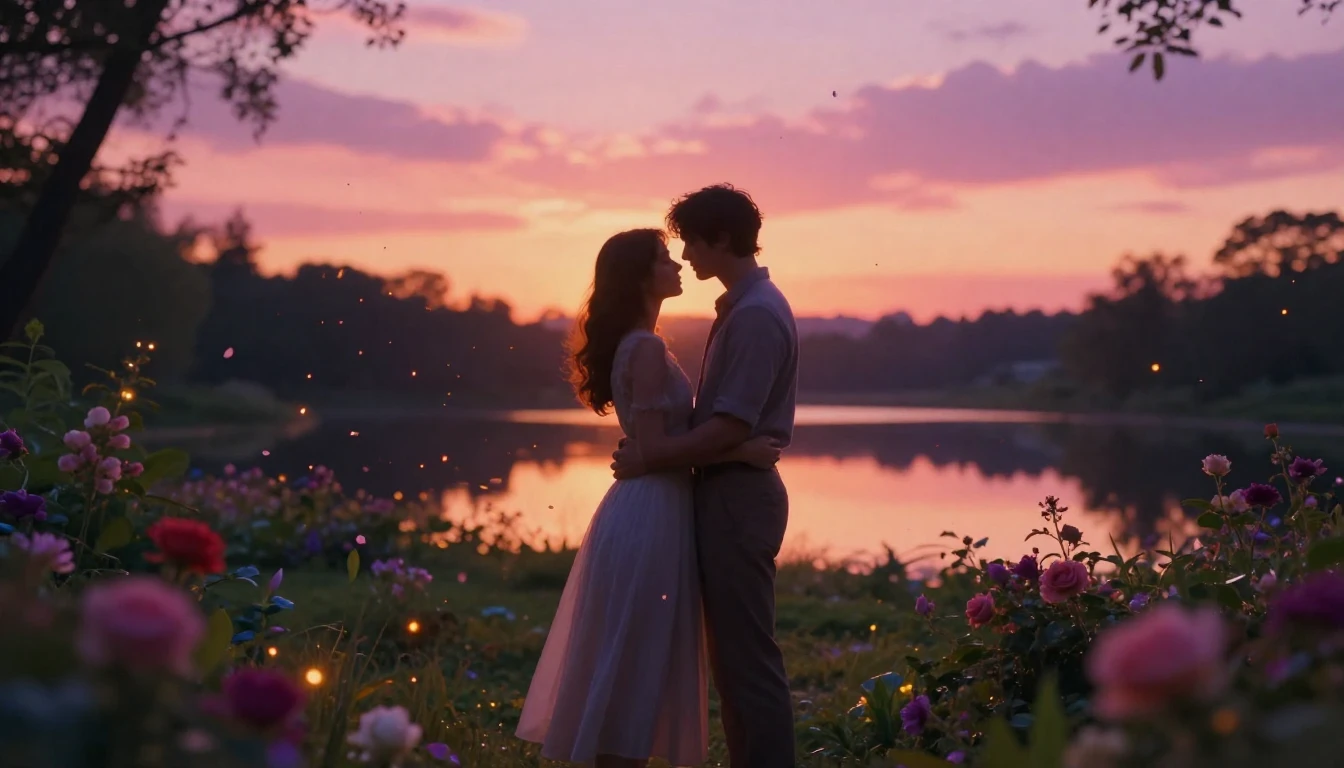 A romantic and ethereal scene of two lovers standing in a lu...