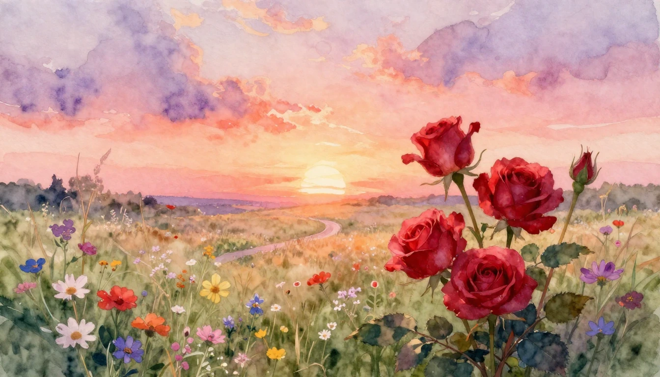 A soft and dreamy watercolor painting depicting a romantic s...