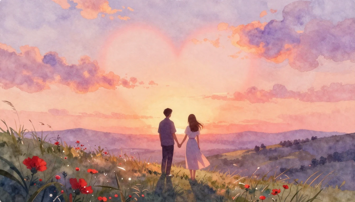 A soft and dreamy watercolor painting depicting a romantic s...