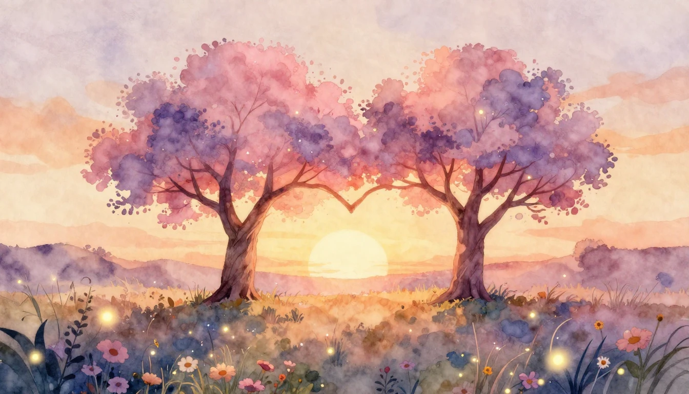 A romantic and dreamy watercolor illustration depicting two ...