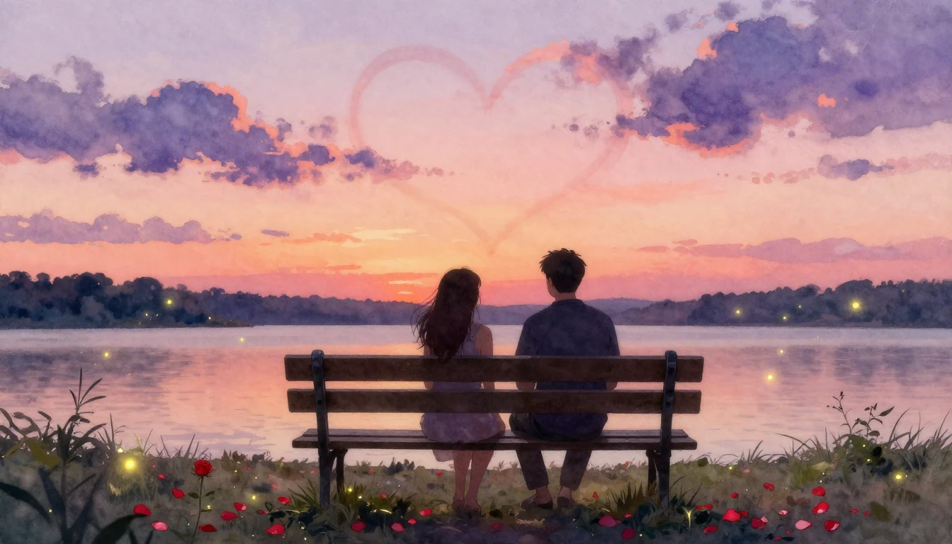 A romantic watercolor painting depicting two silhouettes sit...