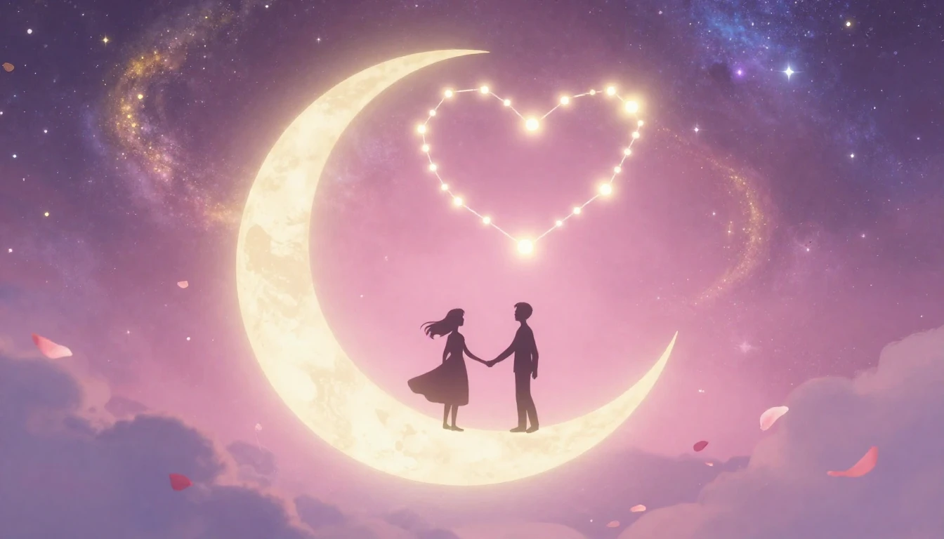 A whimsical and dreamy scene depicting two stylized silhouet...