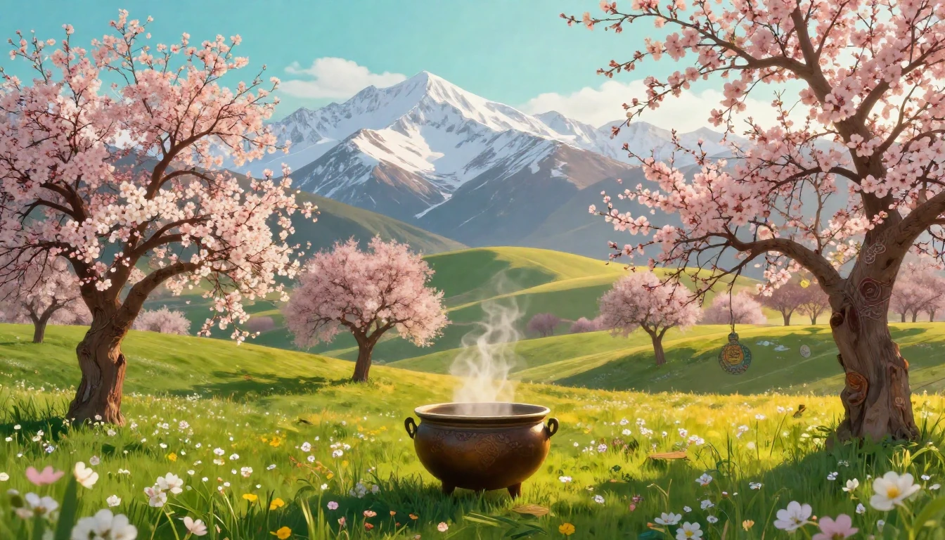 A vibrant and warm landscape of a Central Asian spring morni...