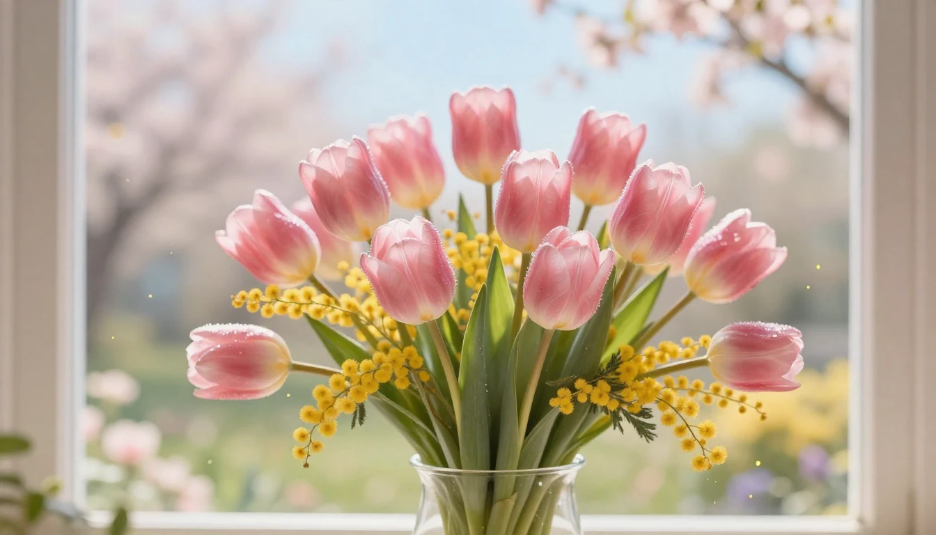 A breathtaking spring scene featuring a lush bouquet of pink...