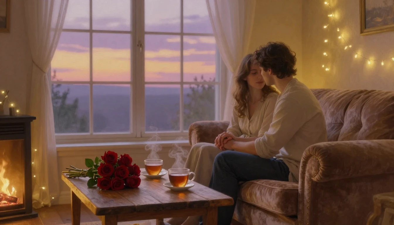 A romantic and cozy scene of a couple holding hands while si...