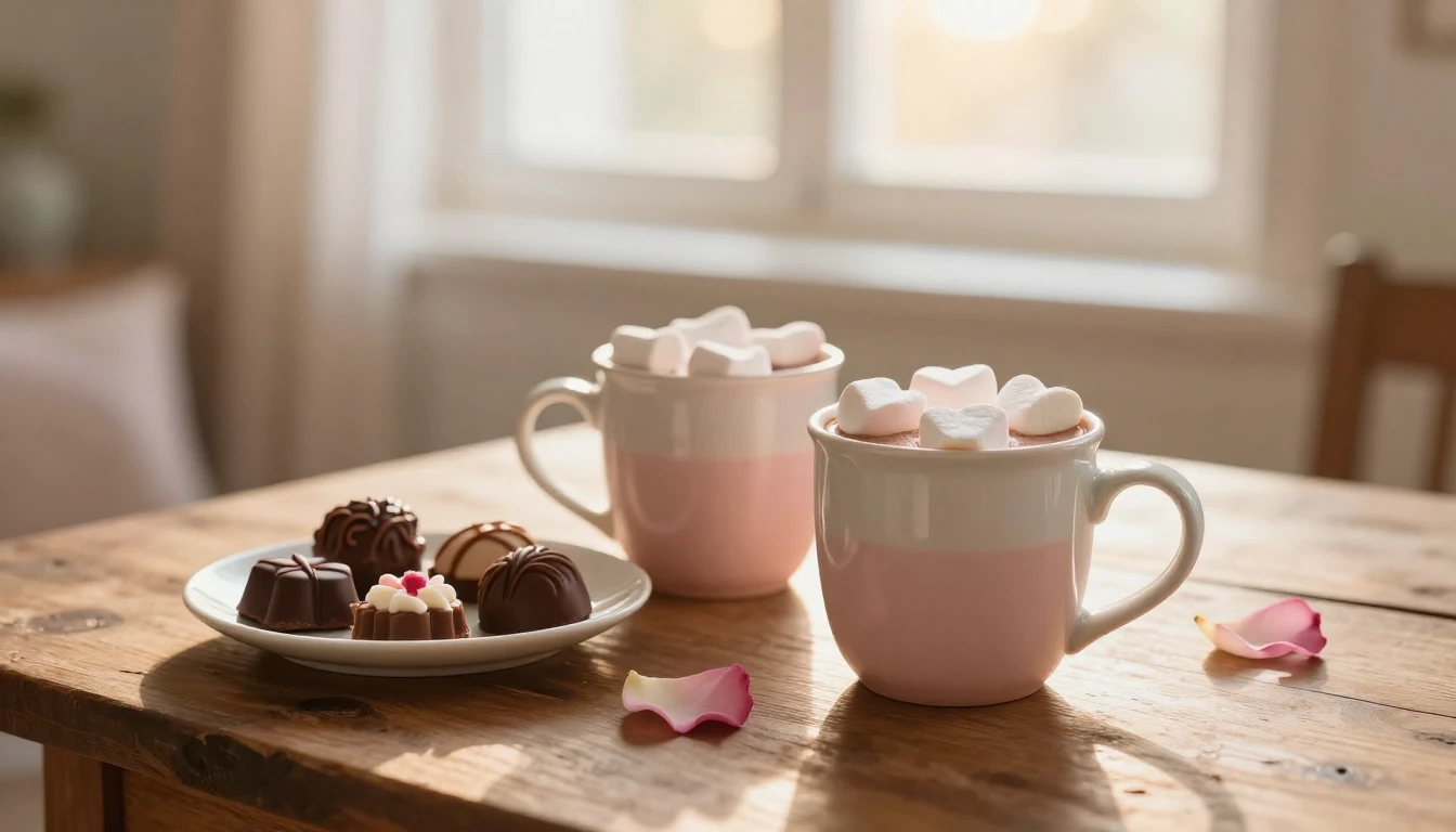 A warm and cozy scene featuring two ceramic mugs of hot choc...