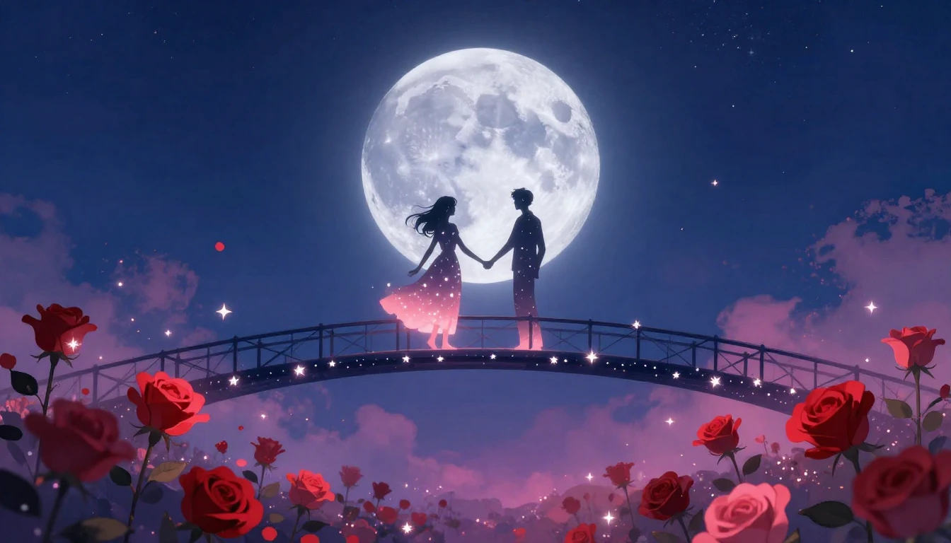 A romantic and surreal scene depicting two glowing silhouett...