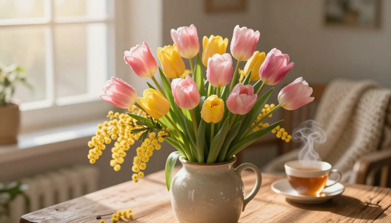 A beautiful, serene scene featuring a lush bouquet of colorf...