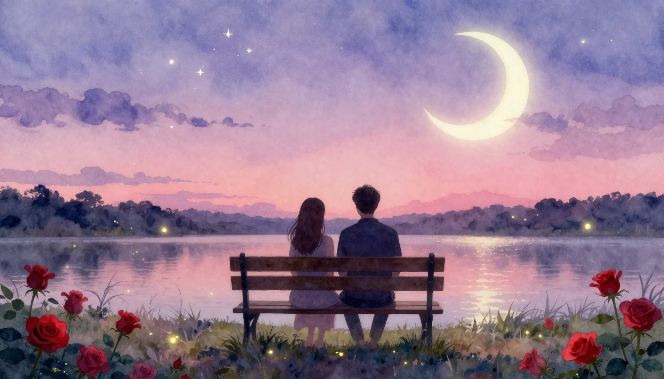 A romantic and dreamy watercolor painting featuring a silhou...