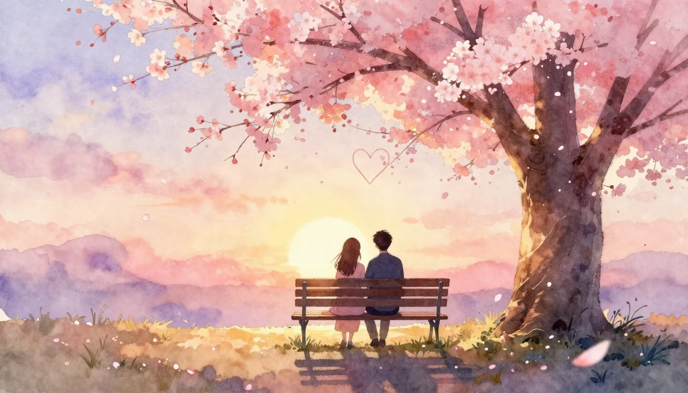 A romantic and soft watercolor painting depicting two silhou...