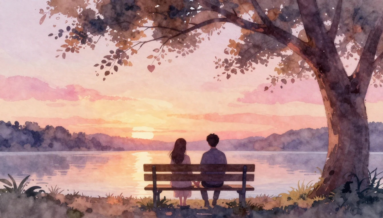 A dreamy and soft watercolor illustration depicting a romant...