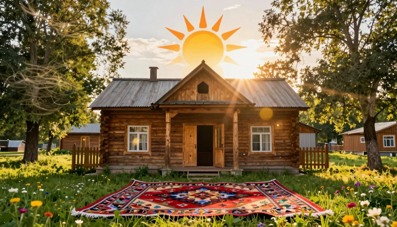 A cozy, welcoming traditional Central Asian wooden house bat...