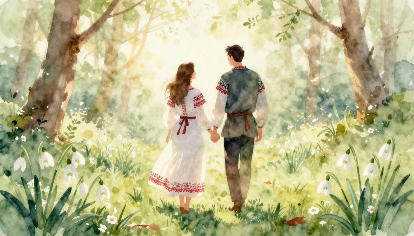 A romantic and ethereal watercolor painting depicting a coup...