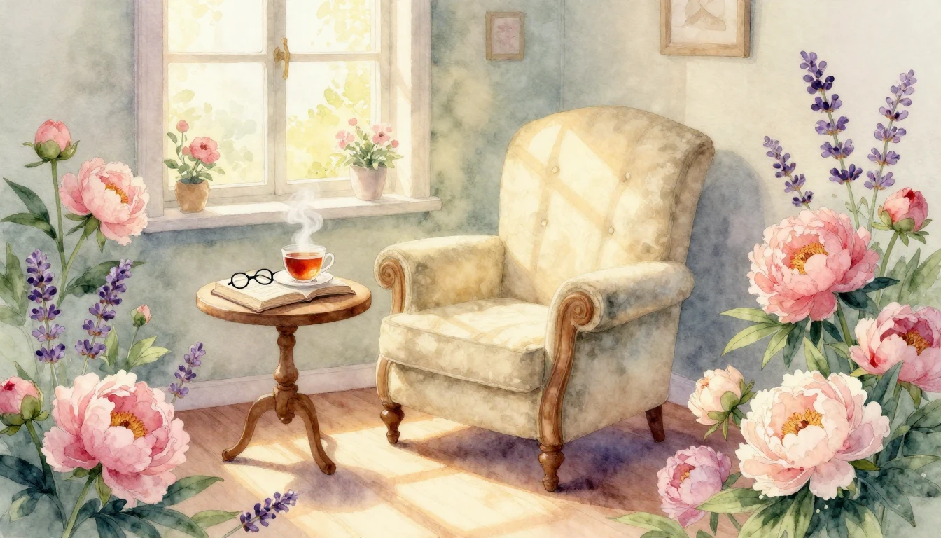 A heartwarming watercolor illustration of a cozy sunlit room...