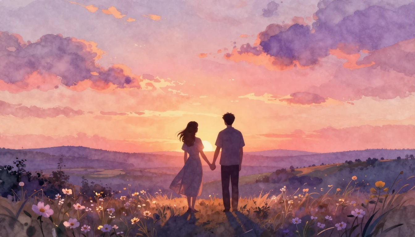 A romantic and dreamlike scene of two silhouettes holding ha...