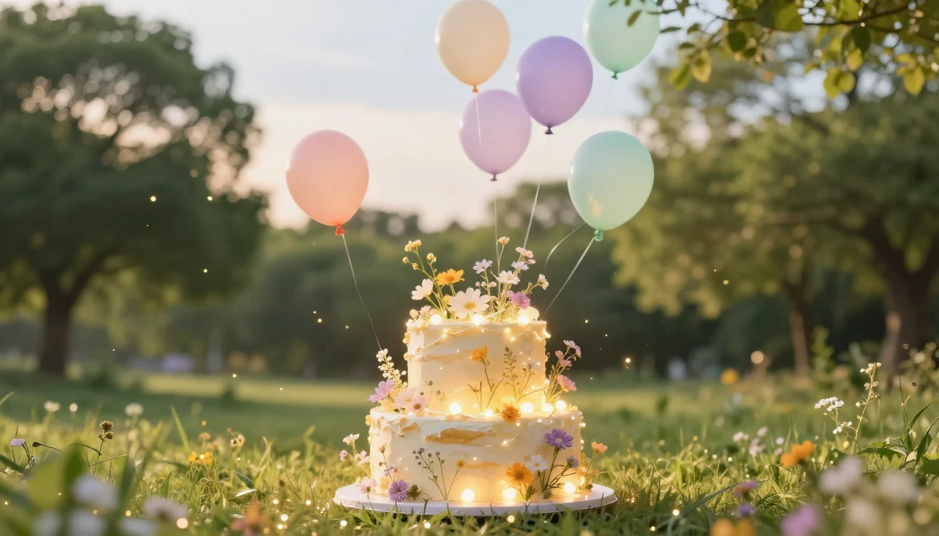 A dreamy and magical birthday atmosphere featuring a large, ...
