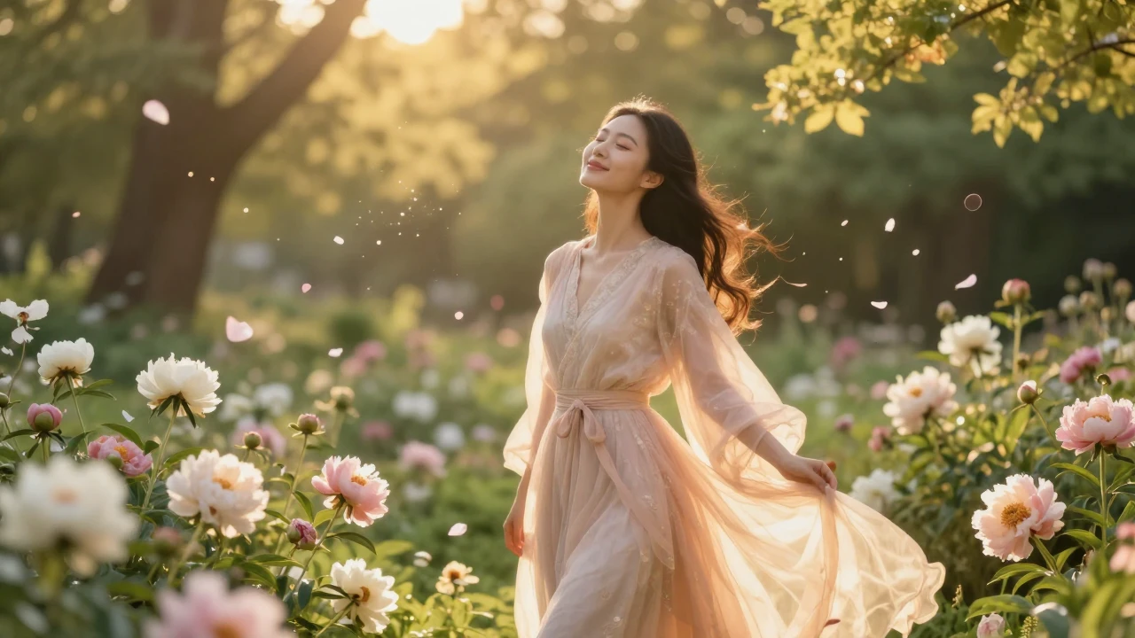 A serene and elegant woman standing in a lush, blooming gard...