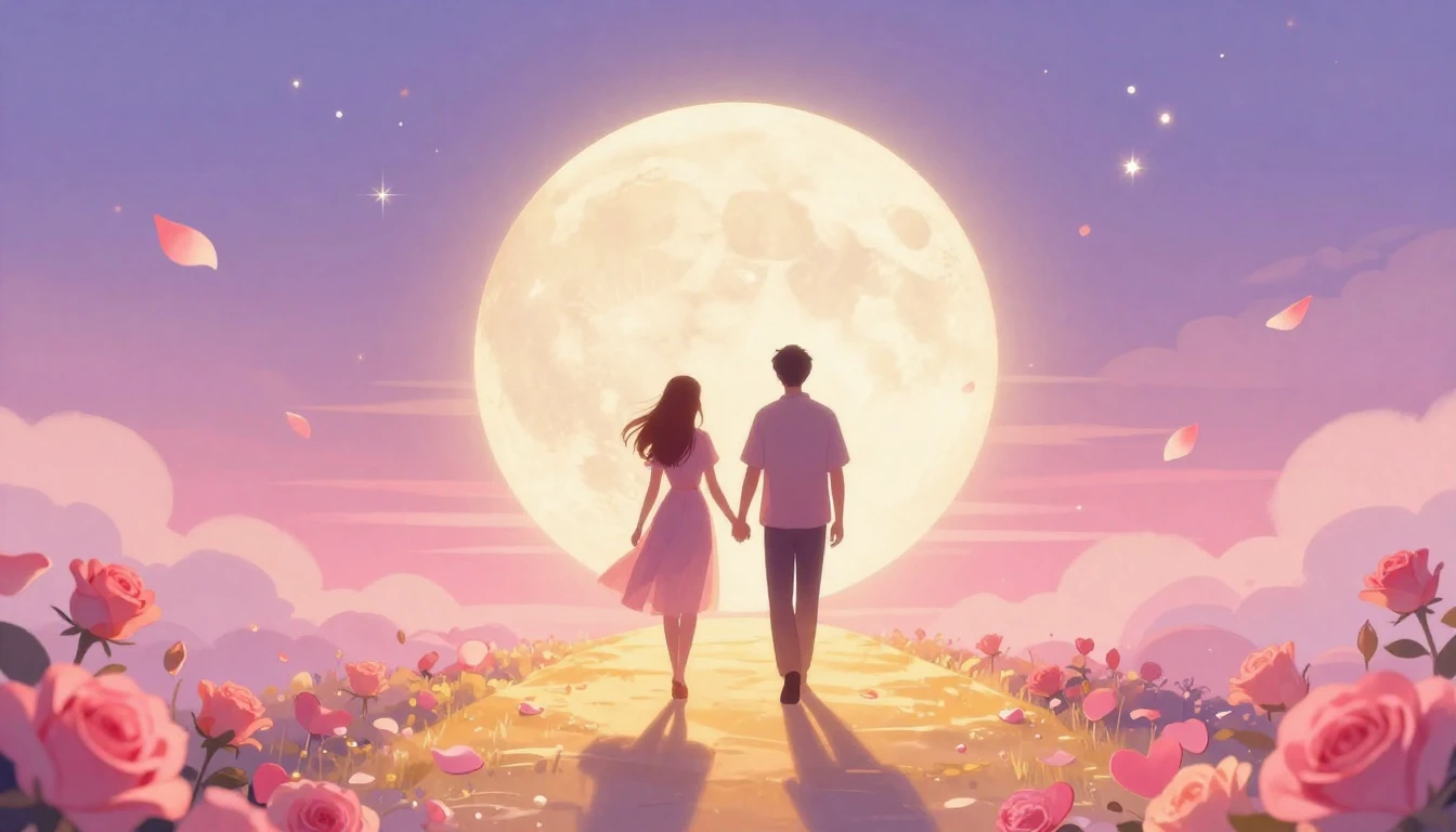 A romantic and dreamy illustration featuring two silhouette ...
