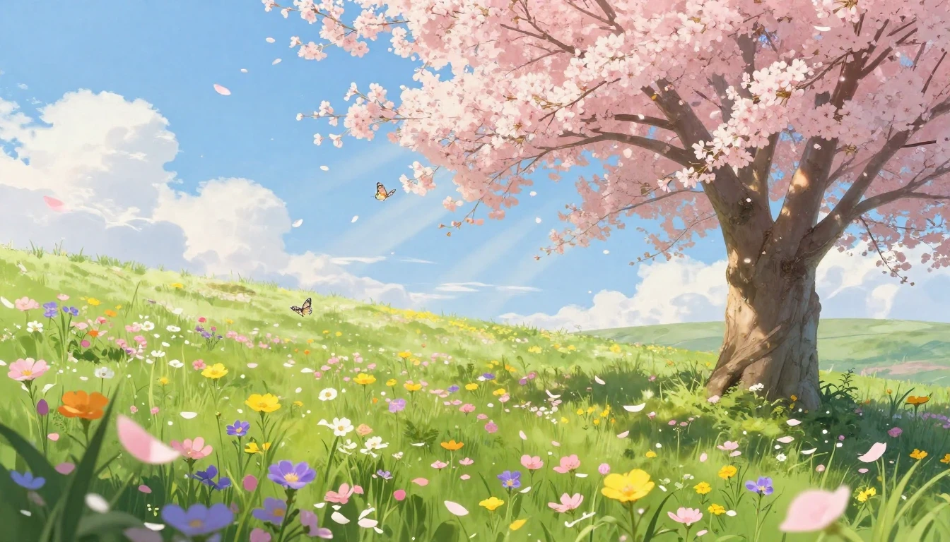 A vibrant and soft spring landscape depicting a lush meadow ...