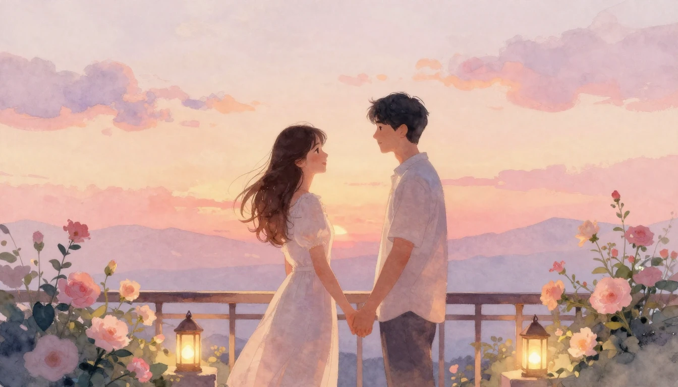 A romantic watercolor painting of a couple standing on a ter...