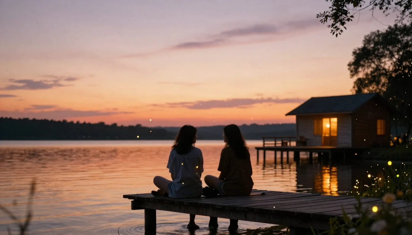 A dreamy and cozy scene depicting a warm celebration of frie...