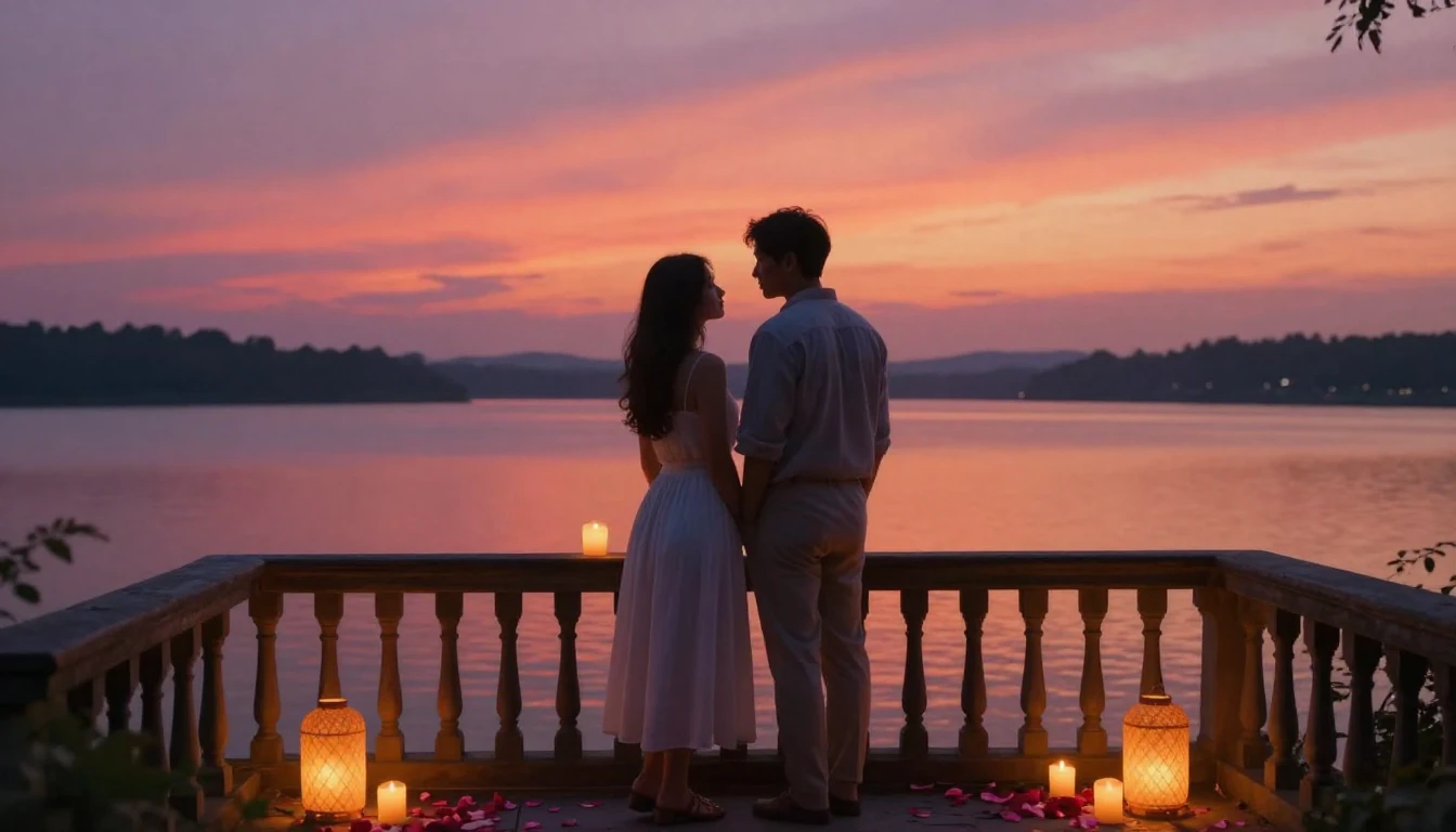 A romantic and dreamlike scene depicting a couple standing o...