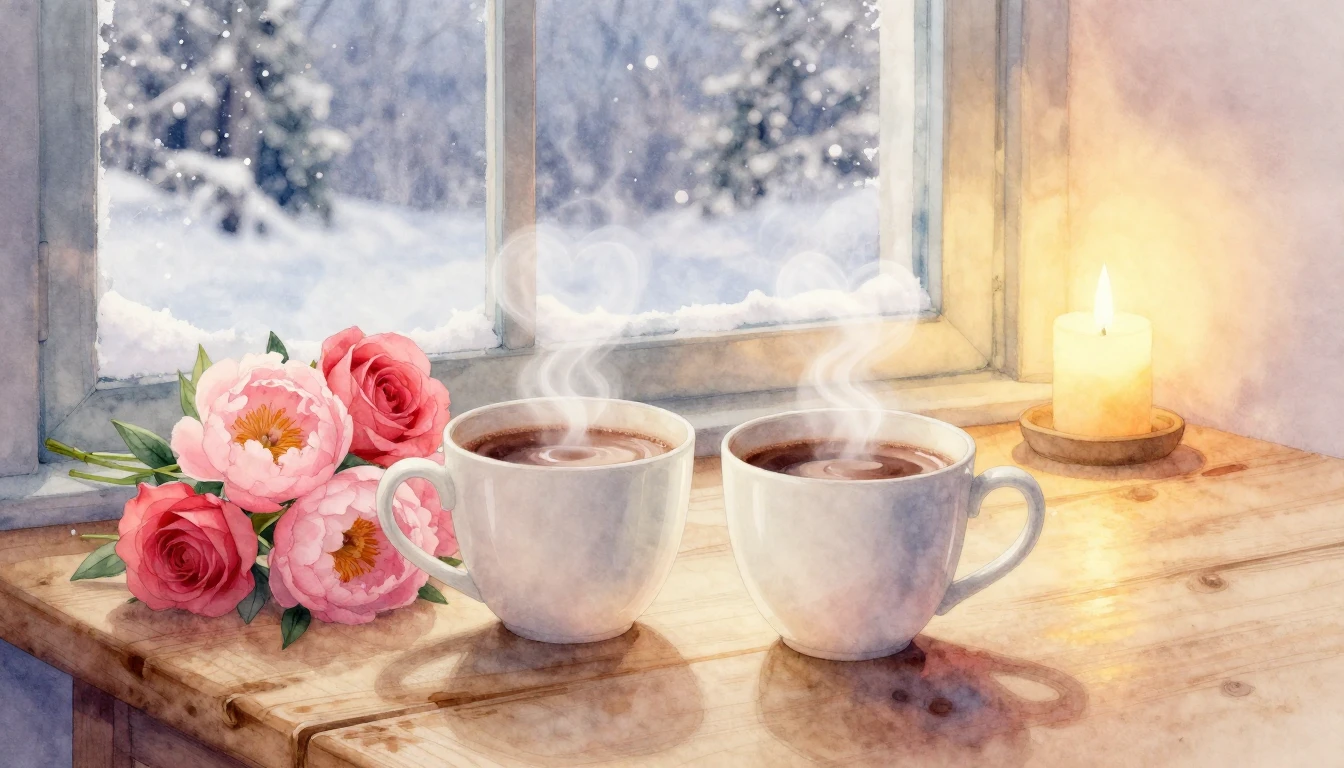 A soft and romantic watercolor painting depicting a cozy, in...