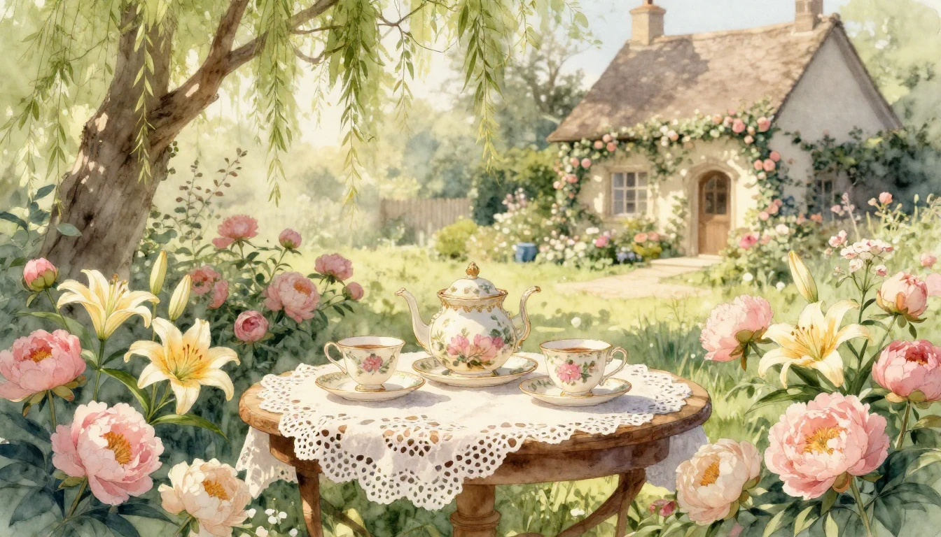 A serene and ethereal watercolor illustration of a lush, sun...