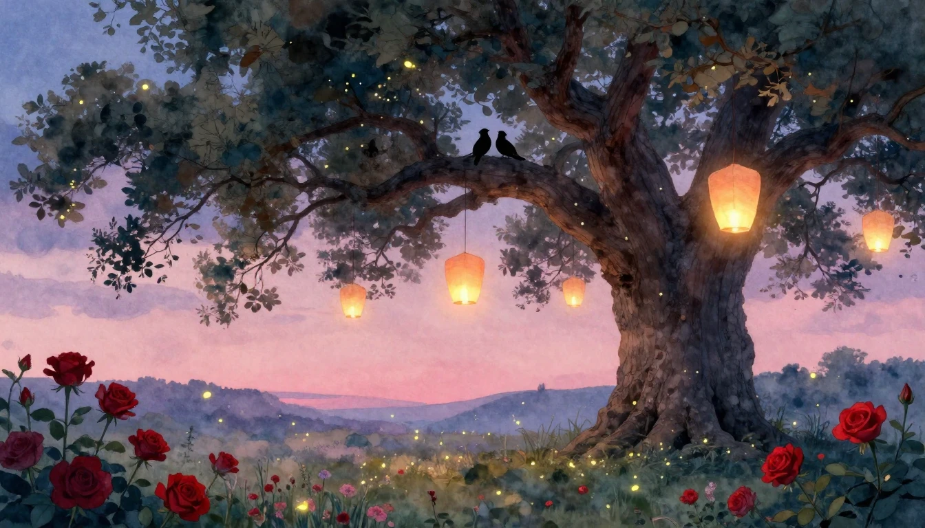 A dreamy and romantic scene featuring a large, ancient oak t...