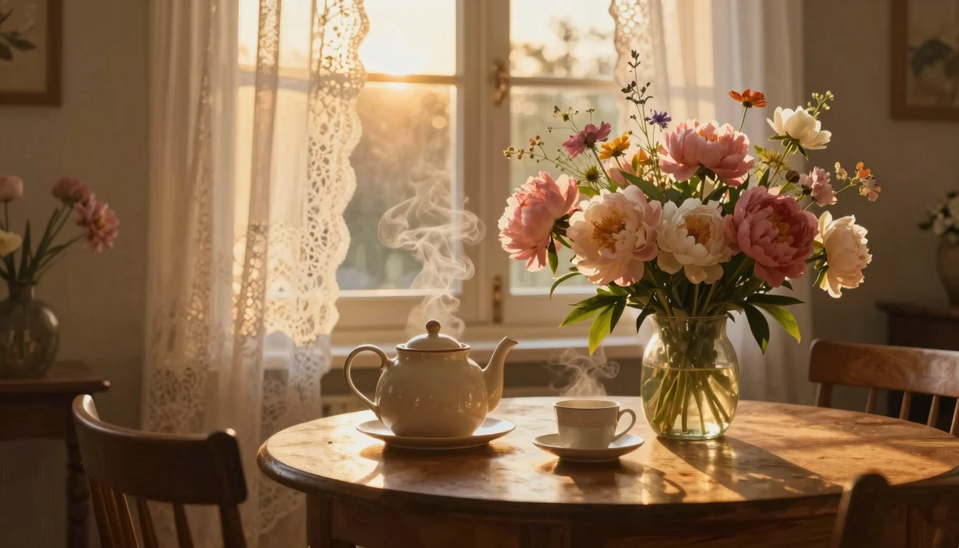 A warm and cozy interior of a family home during a golden su...