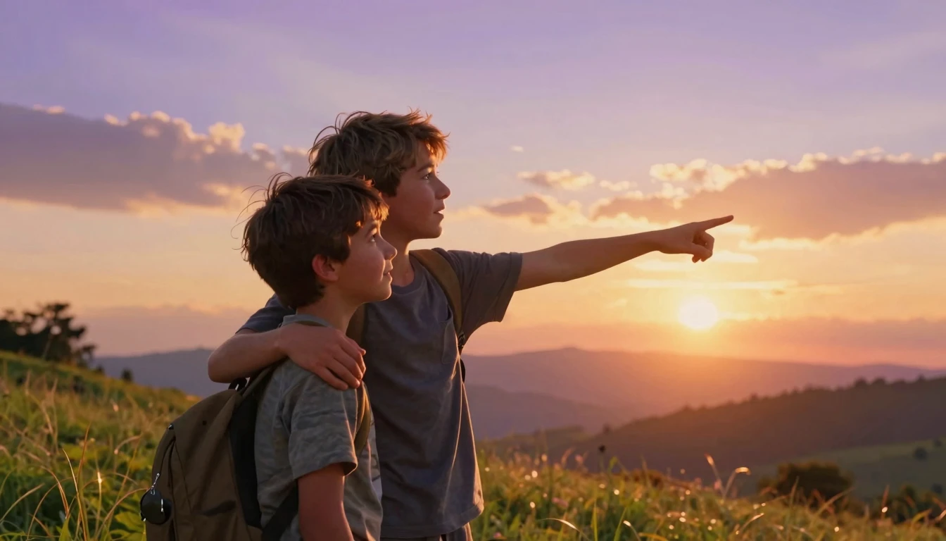 A heartwarming scene featuring two brothers standing on a gr...