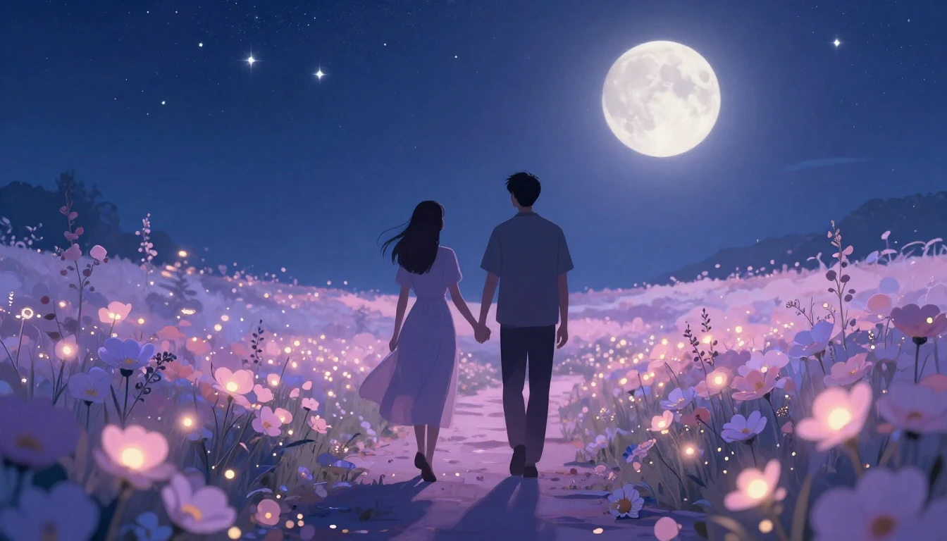 A romantic and dreamy scene depicting two silhouettes of a c...