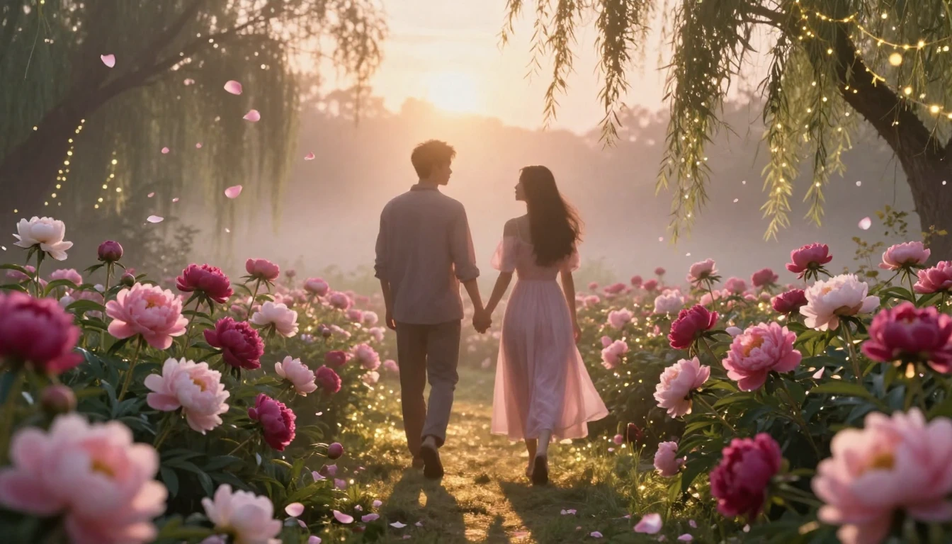 A dreamy and romantic scene featuring two silhouettes walkin...